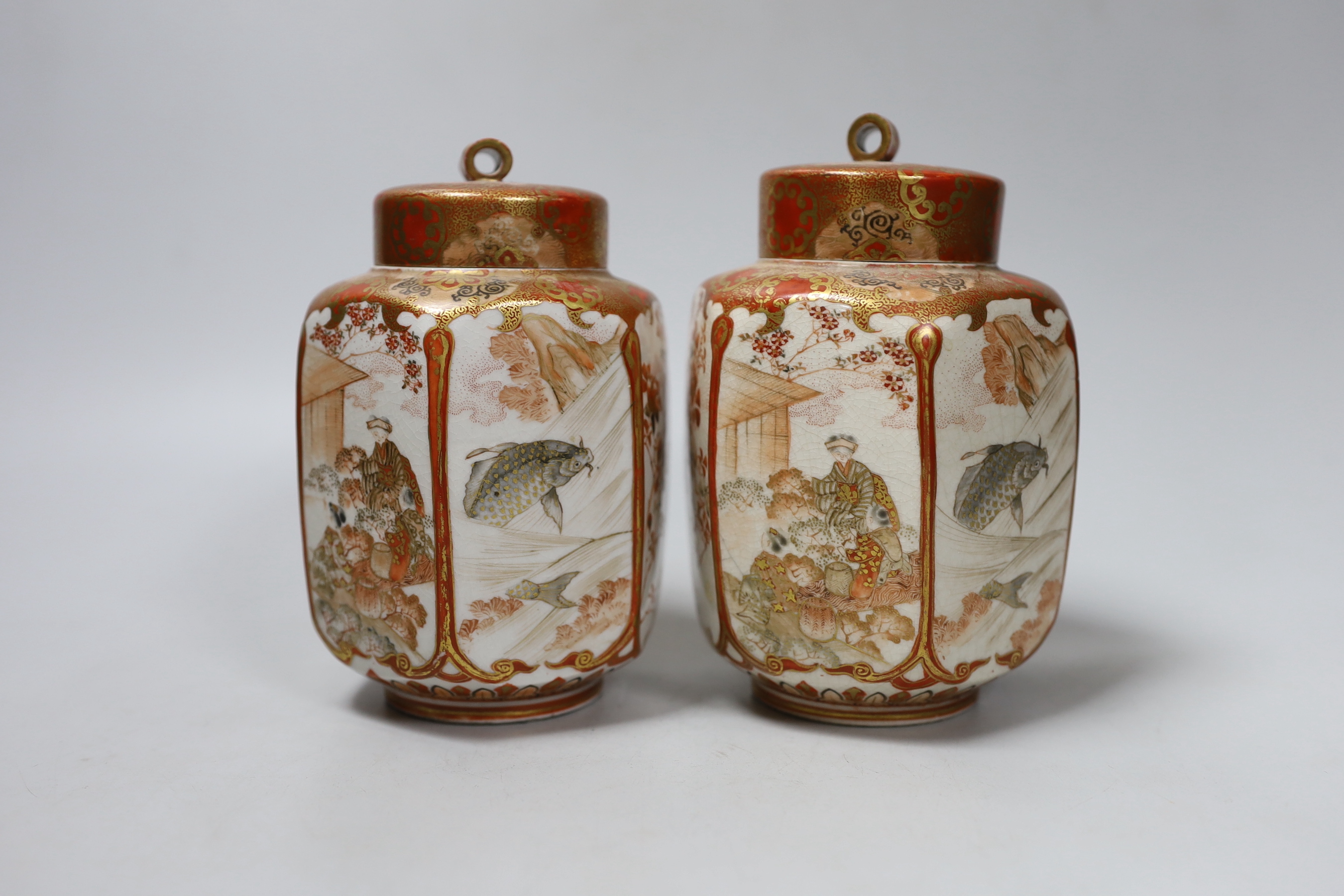 A pair of Meiji period Kutani hexagonal jars and covers, with inner and outer covers, 14cm high